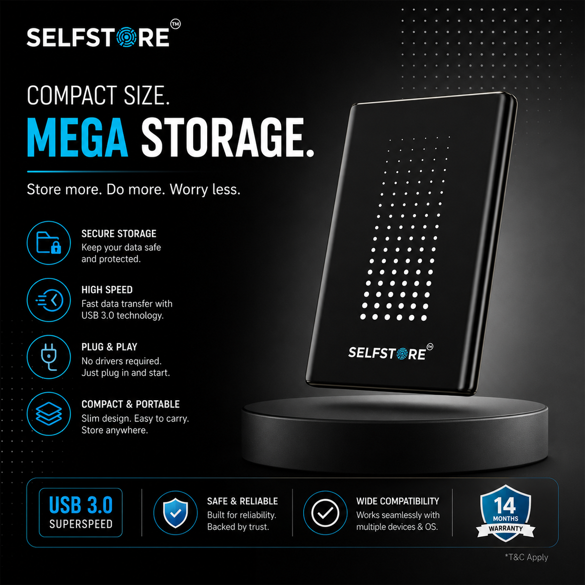 SELFSTORE Portable External Hard Drive USB High Speed Data Storage Drive for Laptop PC Mac Desktop and Backup(500 GB)-Black